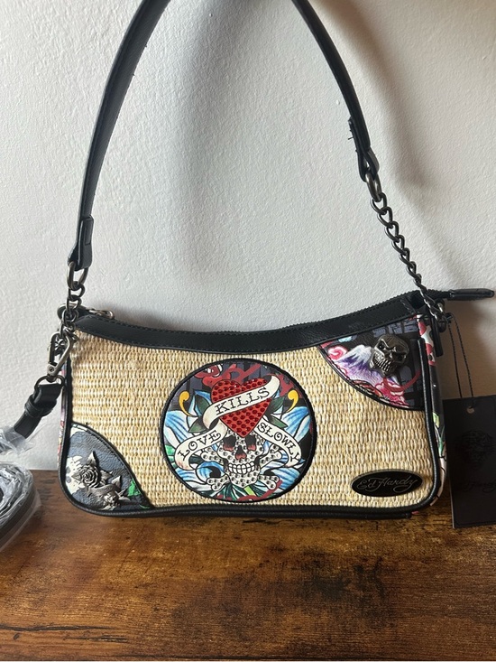 Ed Hardy Handbags - Ed Hardy Straw Shoulder / Crossbody Bag Black Trim & Multicolor Tattoo Print NWT